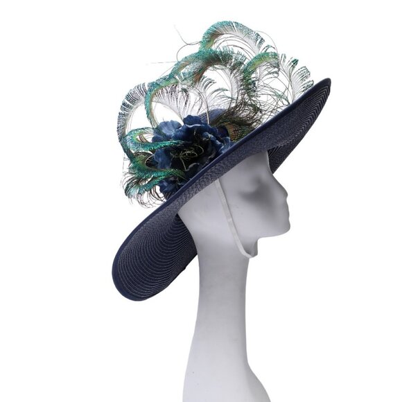 Large Brim Hat Peacock Feathers Floral Queens Plate Horse Race Summer Parties - Picture 5 of 12